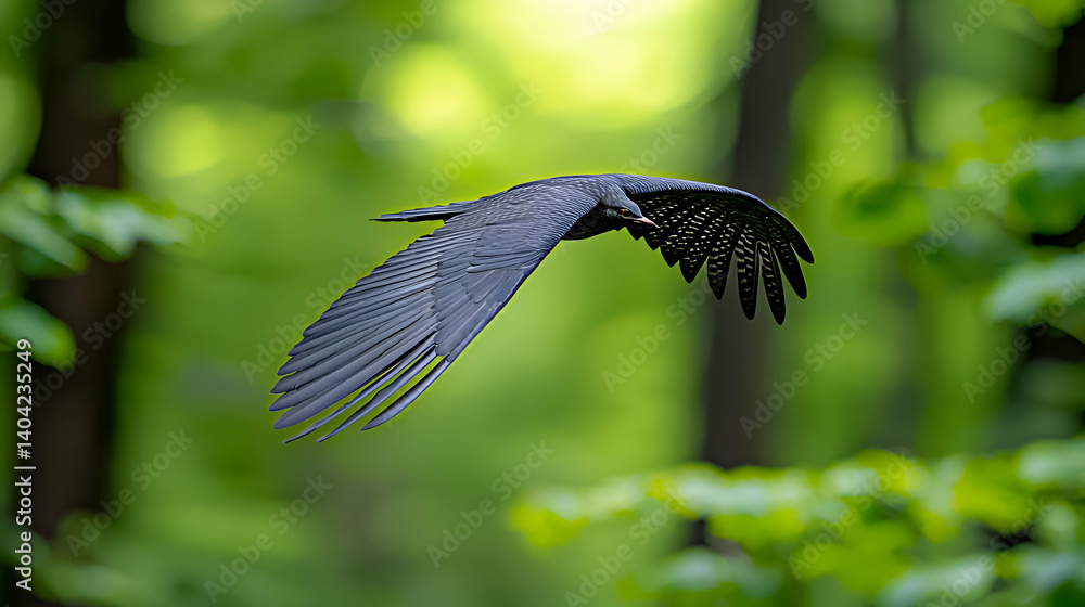 Black Hawk in Flight Through Lush Green Forest
