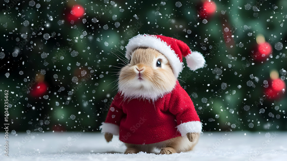 Festive Rabbit Wearing Santa Outfit in Winter Wonderland with Falling Snow and Christmas Tree Background