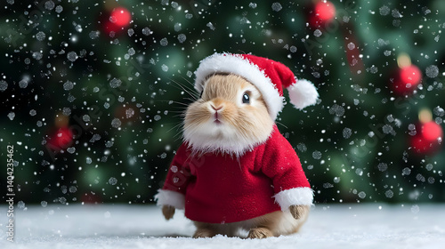 Obraz na płótnie Festive Rabbit Wearing Santa Outfit in Winter Wonderland with Falling Snow and Christmas Tree Background w salonie
