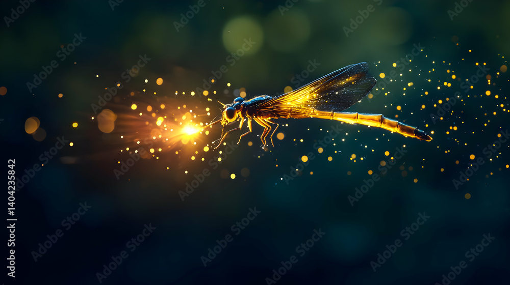 Digital Art Render Of A Glowing Pixelated Dragonfly Flying Over Blurred Green Background