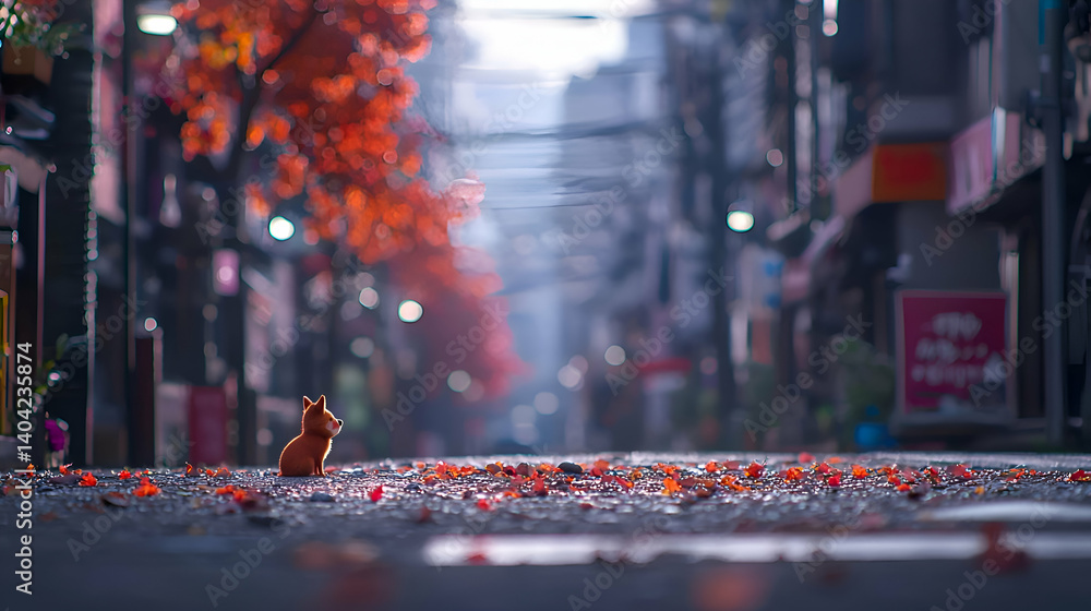 Small Dog Amidst Autumn Leaves on a City Street