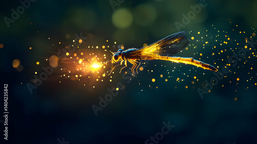 Obraz na płótnie Digital Art Render Of A Glowing Pixelated Dragonfly Flying Over Blurred Green Background w salonie