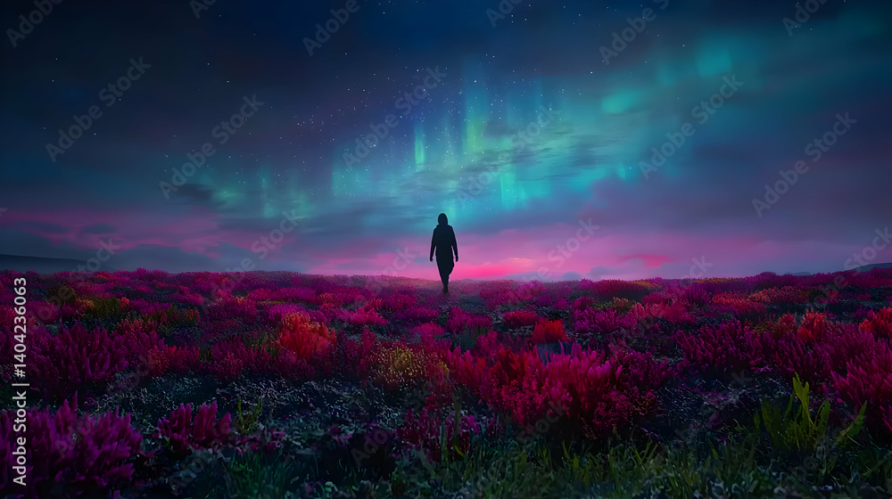 Silhouette Of Person Walking Across Vibrant Field Under Aurora Borealis Displaying Stellar Colors and Night Sky