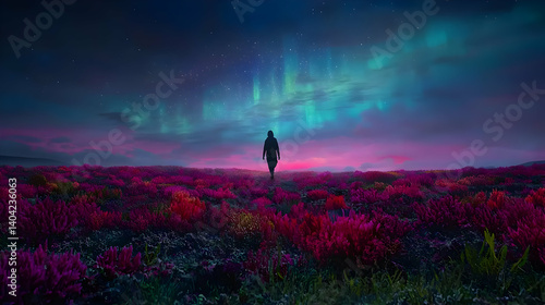 Obraz na płótnie Silhouette Of Person Walking Across Vibrant Field Under Aurora Borealis Displaying Stellar Colors and Night Sky w salonie