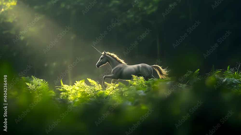 Majestic Unicorn Running Through Lush Forest at Dawn
