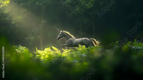 Obraz na płótnie Majestic Unicorn Running Through Lush Forest at Dawn w salonie