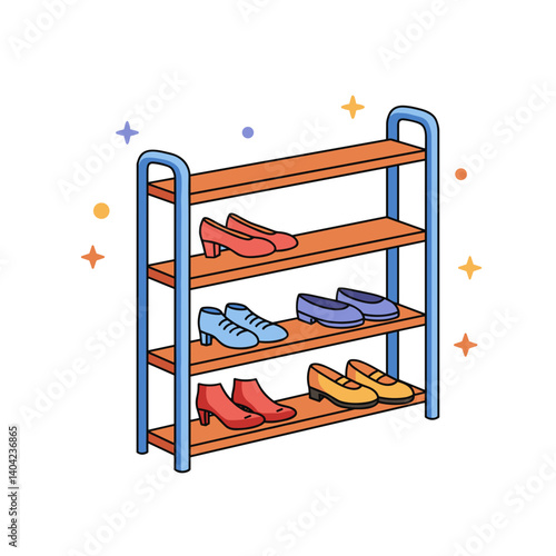Playful Shoe Rack Vector. Vibrant organizer displaying sneakers and sandals, isolated on transparent background. Kids room storage, retail display, cartoon home decor, geometric furniture illustration
