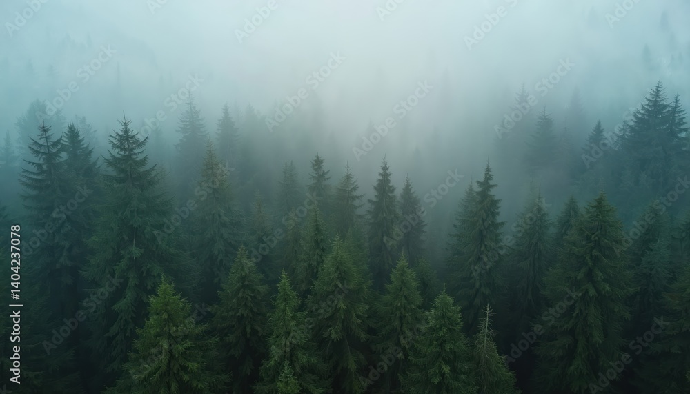Aerial drone photo of Pacific Northwest forest on foggy day. Green evergreen trees covered by mist, create serene, mystical atmosphere, wilderness. Tranquil nature photo, forestry, timberland. Aerial drone photo of Pacific Northwest forest on foggy day. Green evergreen trees covered by mist, create serene, mystical atmosphere, wilderness. Tranquil nature photo, forestry, timberland.