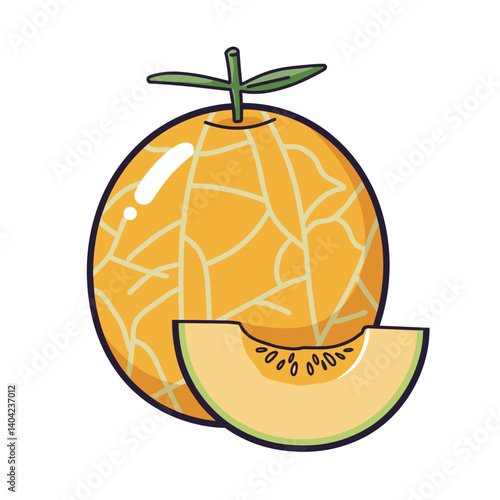 Tropical Fruit Icon. Sliced cantaloupe melon with seeds and textured skin, colorful vector illustration. Summer fruit, vitamins, food label, vegan product, diet nutrition