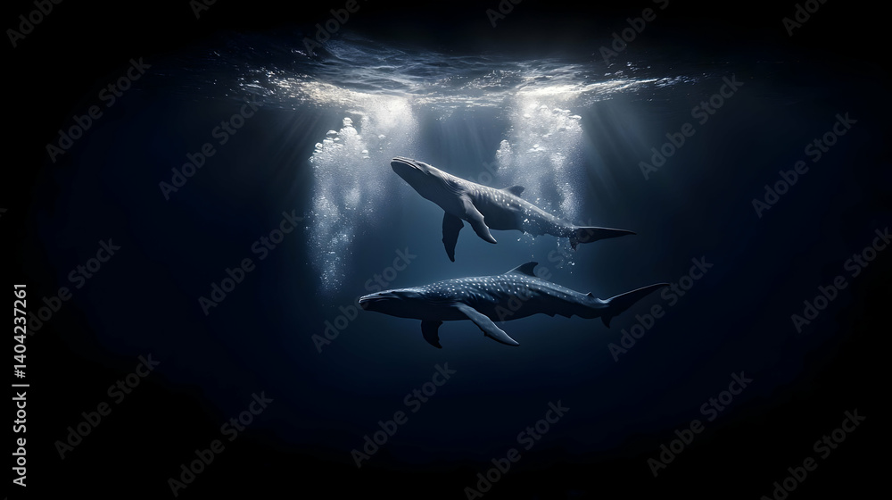 Two Pixelated Whales Swimming Under Water Surface with Sun Beams Shining Down Dark Blue Sea Background