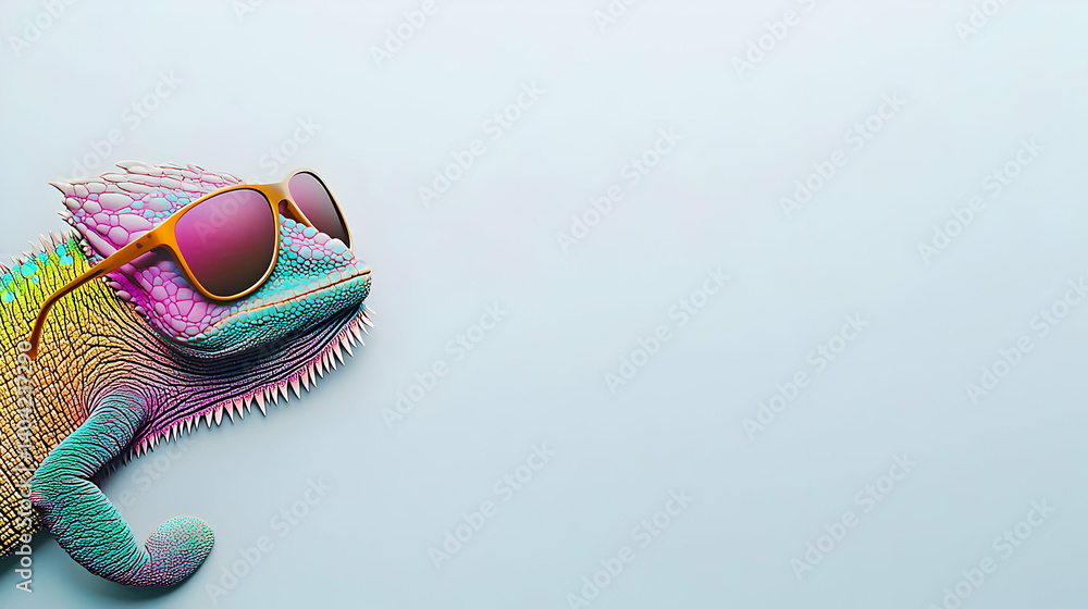 Colorful Lizard With Sunglasses On Light Blue Background