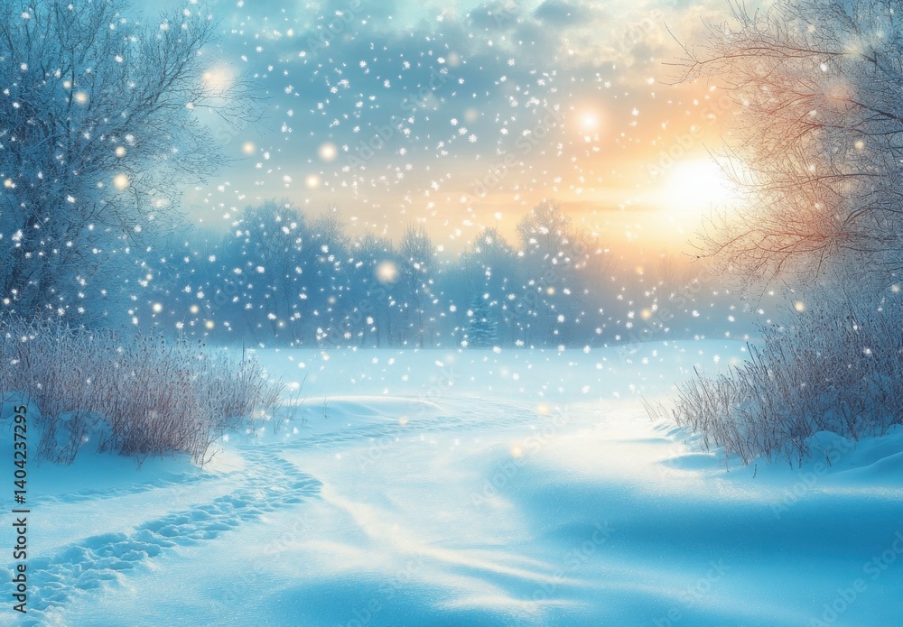 Tranquil Winter Landscape with Snowfall and Fir Trees for Christmas and New Year Greeting Card Tranquil Winter Landscape with Snowfall and Fir Trees for Christmas and New Year Greeting Card