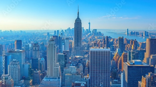 Panoramic view of New York City skyline at sunrise.  Vast metropolis with iconic skyscrapers
