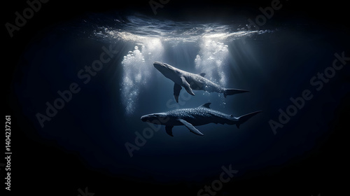 Obraz na płótnie Two Pixelated Whales Swimming Under Water Surface with Sun Beams Shining Down Dark Blue Sea Background w salonie