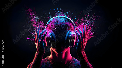 Obraz na płótnie Person Wearing Headphones With Abstract Digital Sound Wave Effect on Black Background w salonie