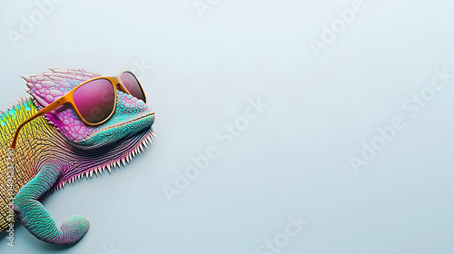 Obraz na płótnie Colorful Lizard With Sunglasses On Light Blue Background w salonie