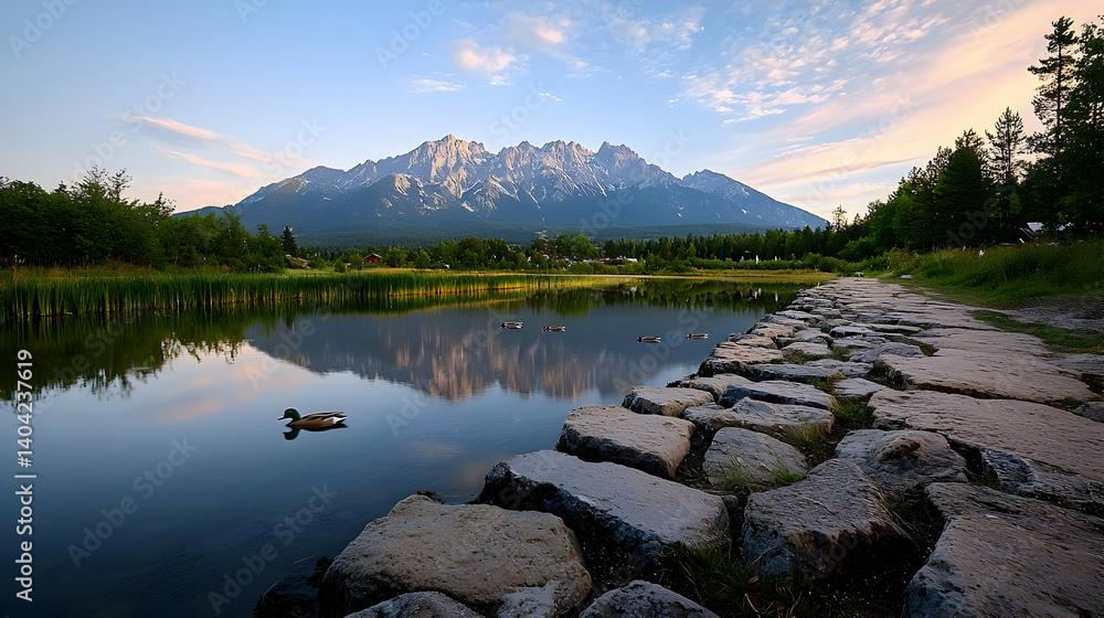 Serene Mountain Lake at Sunrise with Stone Path