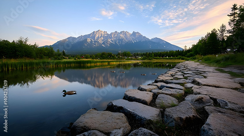 Obraz na płótnie Serene Mountain Lake at Sunrise with Stone Path w salonie