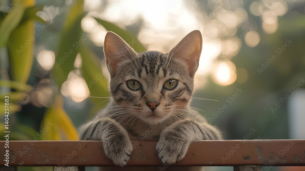 Gray Tabby Kitten Gazing from a Fence in Soft Sunlight