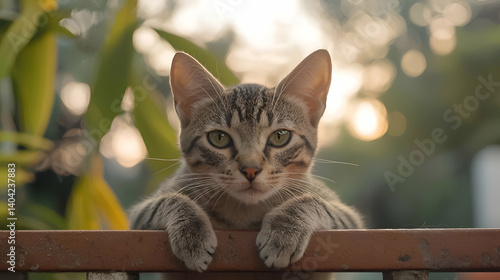 Obraz na płótnie Gray Tabby Kitten Gazing from a Fence in Soft Sunlight w salonie