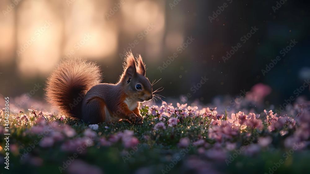 Red Squirrel Feeding In Spring Meadow At Sunrise