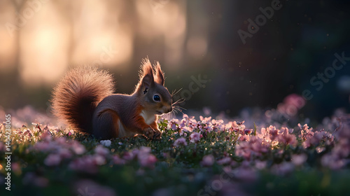 Obraz na płótnie Red Squirrel Feeding In Spring Meadow At Sunrise w salonie