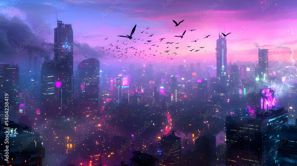 Pixelated Cityscape At Sunset With Birds Flying Above Illuminated Buildings Under Vibrant Purple And Pink Sky