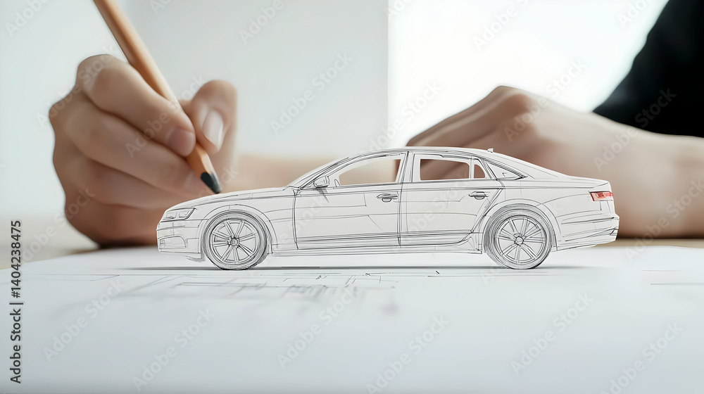 Hand Drawing Car Design Sketch On Paper In Bright Studio Environment