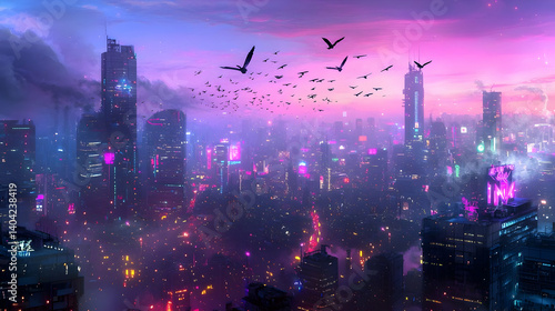 Obraz na płótnie Pixelated Cityscape At Sunset With Birds Flying Above Illuminated Buildings Under Vibrant Purple And Pink Sky w salonie