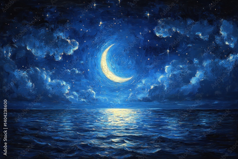 Fototapeta premium Crescent Moon Night Sky with Stars and Clouds in Deep Blue