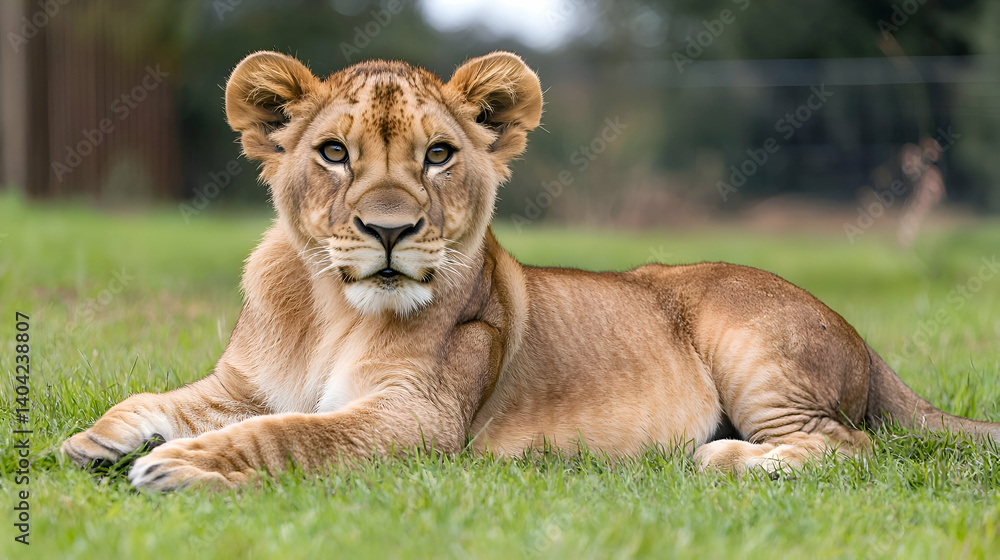 Young Lion Cub Resting in Green Grass