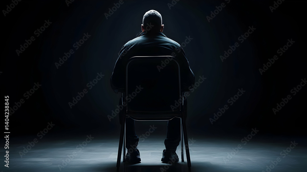 Pixelated Man Sitting Alone on a Chair in a Dark Studio under Dramatic Spotlight