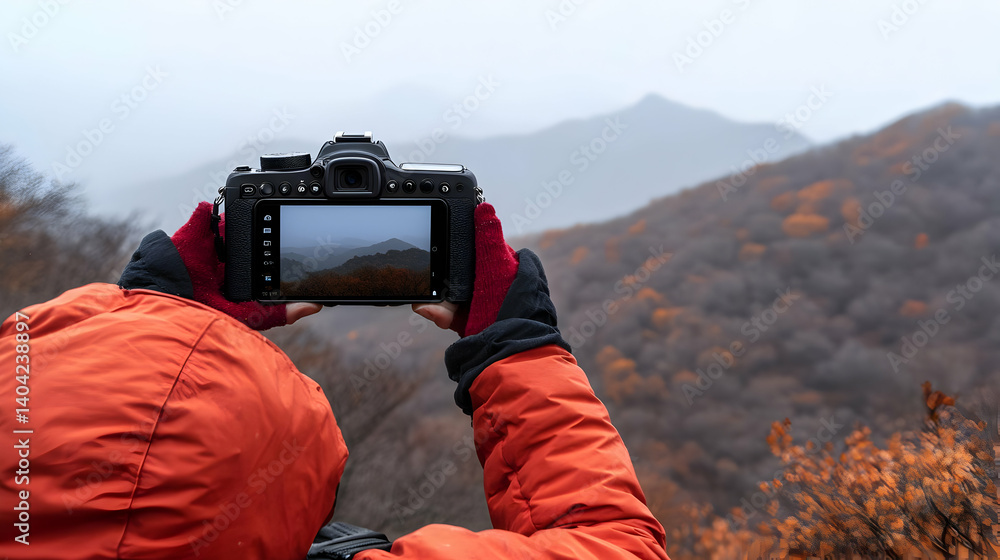 Person In Orange Coat Holding Digital Camera Capturing Misty Mountain Landscape