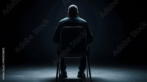Obraz na płótnie Pixelated Man Sitting Alone on a Chair in a Dark Studio under Dramatic Spotlight w salonie
