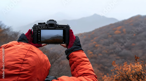 Obraz na płótnie Person In Orange Coat Holding Digital Camera Capturing Misty Mountain Landscape w salonie
