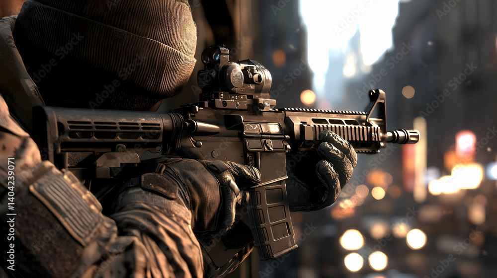 Masked Soldier In Urban Combat With Rifle