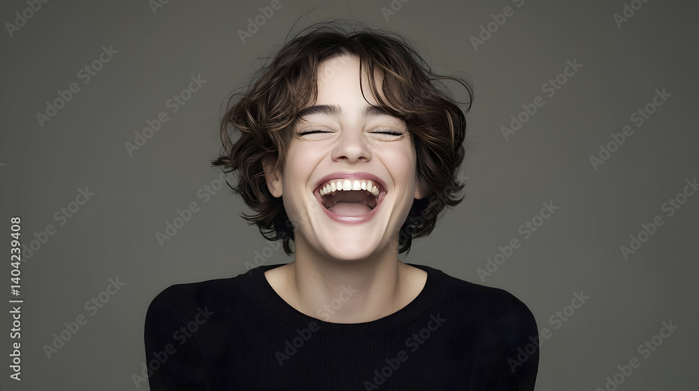 Portrait Of A Smiling Woman With Brown Curly Hair And Black Shirt Against A Gray Background