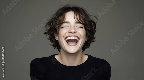 Portrait Of A Smiling Woman With Brown Curly Hair And Black Shirt Against A Gray Background
