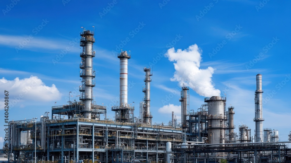 a sprawling industrial complex featuring towering distillation columns set against a brilliant blue sky dotted with fluffy white clouds portraying technological progress and environmental a sprawling industrial complex featuring towering distillation columns set against a brilliant blue sky dotted with fluffy white clouds portraying technological progress and environmental