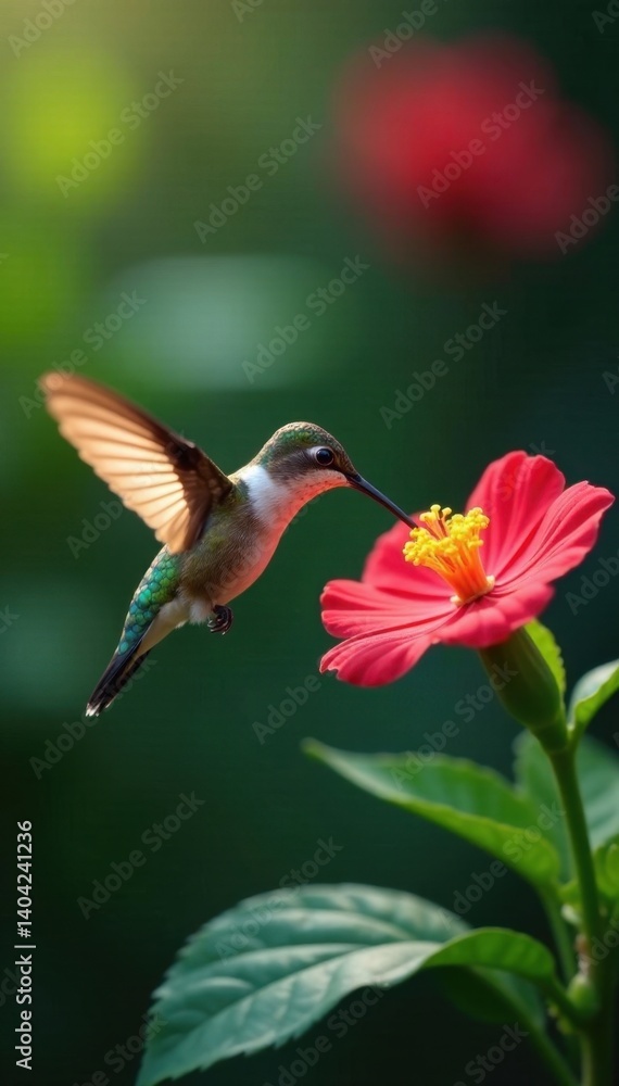 Naklejka premium Hummingbird feeding, wings blur, intense focus on flower , green, bird photography, wildlife photography