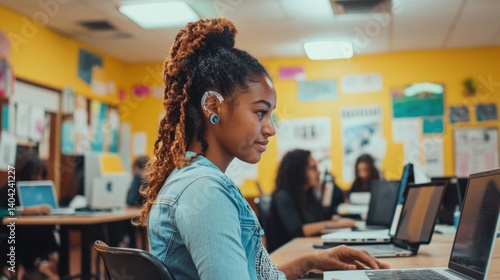 Focused teen girl with hearing aid in classroom, working on laptop.