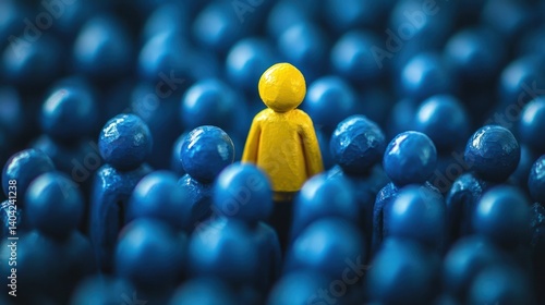 Unique yellow individual figure standing out from a sea of blue figures