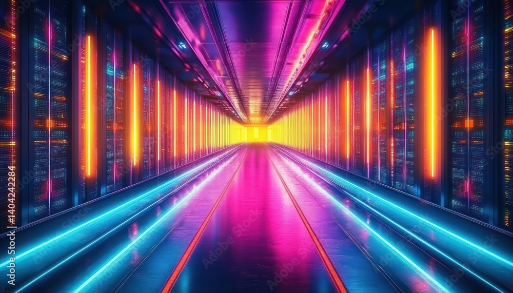 Glowing LED Cables and Fiber Optics in a Futuristic Data Center Glowing LED Cables and Fiber Optics in a Futuristic Data Center