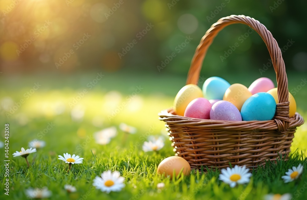 Colorful Easter eggs in wicker basket on green grass. Basket full of painted eggs on sunny day. Springtime, Easter holiday celebration in garden. Happy seasonal tradition. Colorful Easter eggs in wicker basket on green grass. Basket full of painted eggs on sunny day. Springtime, Easter holiday celebration in garden. Happy seasonal tradition.