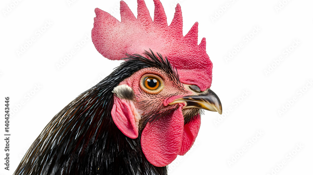 Close Up Portrait Of Rooster With Red Comb And Black Feathers