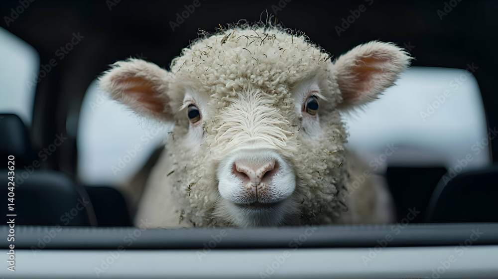 Fluffy White Sheep Peeking From Car Window