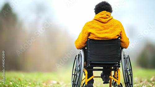 Obraz na płótnie Person In Yellow Hoodie Sitting In A Wheelchair On A Grassy Path Outdoors w salonie