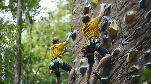 Two Climbers Scaling Outdoor Rock Wall In Forest