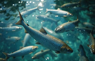 Underwater photo of trout swimming in fish pond. Aquaculture, commercial fish farming in freshwater environment. Healthy brown trout swim with bubbles, selective focus.