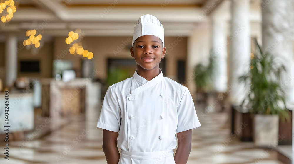 Young Chef Portrait Smiling in White Uniform Inside Hotel With Blurred Background